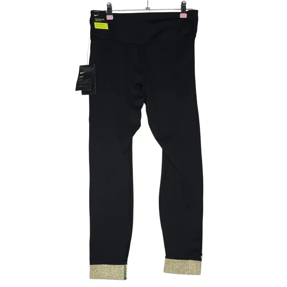 Women’s Nike Dry Training Pants Black With Gold Ankle Trim Size L